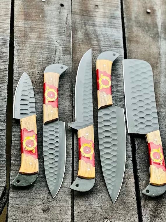Load image into Gallery viewer, Stainless Steel Knife Set 13" – Forged Blades with Olivewood &amp; Epoxy Handles + Leather Sheath
