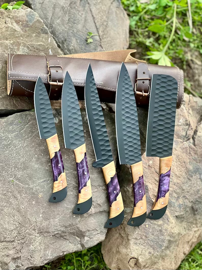 Load image into Gallery viewer, Best Knife Block Set – 13&quot; Forged Stainless Steel Chef Knife with Olivewood &amp; Epoxy Resin Handle + Leather Sheath
