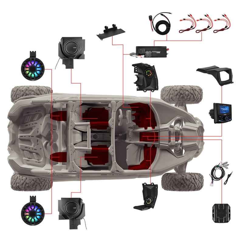 Load image into Gallery viewer, Can-Am Maverick X3 Stage 6 - Dash Speaker Panels, 8" Neodymium Tower Speakers, Dual 12” Subwoofer, Amplifier, Bluetooth Radio &amp; LED Lights
