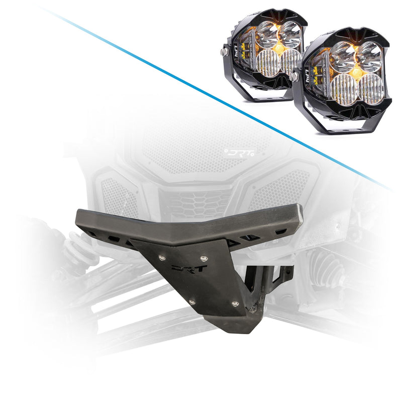 Load image into Gallery viewer, Steel replacement bulkhead with bumper assembly for Can-Am Maverick X3 adds front end strength and Baja Designs Squadron LED Auxiliary Light Pods 3x3 inch
