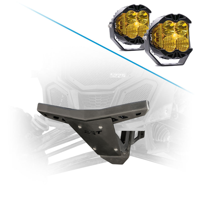 Load image into Gallery viewer, 2017+ Can-Am Maverick X3 front bumper and bulkhead decked out by DRT Motorsports and Baja Designs LP4 PRO LED Auxiliary Light Pods 5 Inch Diameter Amber Lens
