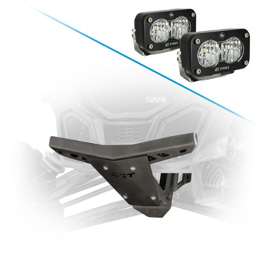Can-Am X3 front bumper with thicker steel bulkhead by DRT for improved trail control and feel and Baja Designs S2 Pro LED Light Pods