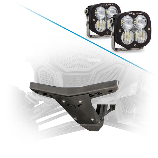 Durable front bumper and bulkhead kit for Maverick X3 2017+ enhances suspension support and stability and Baja Designs XL80 LED Auxiliary Light Pods