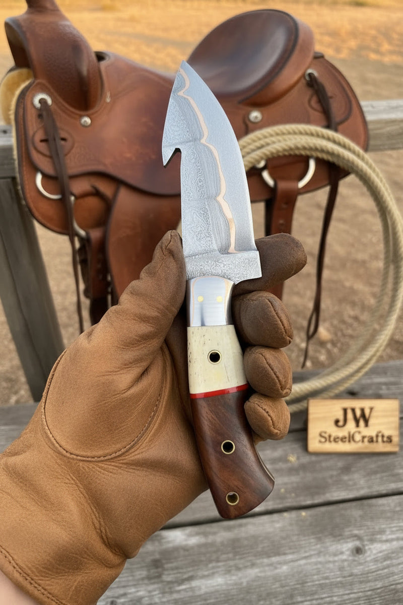 Load image into Gallery viewer, Roughrider Trail Gut Hook Knife 10" Handmade San Mai Steel
