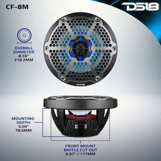 NXL 8" 2-Way Coaxial Marine Speaker With LED RGB Lights 125 Watts Rms 4-Ohm - Black Carbon Fiber - Skoutley Outdoors LLC