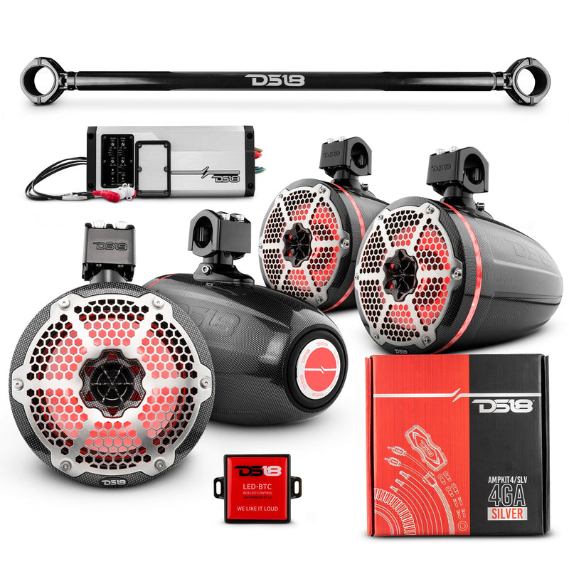 Load image into Gallery viewer, JK-TUBE 4x 8&quot; Marine Towers Speakers with RGB LED Lights, 4-Channel Marine Amplifier and AMPKIT for Jeep JK/JKU
