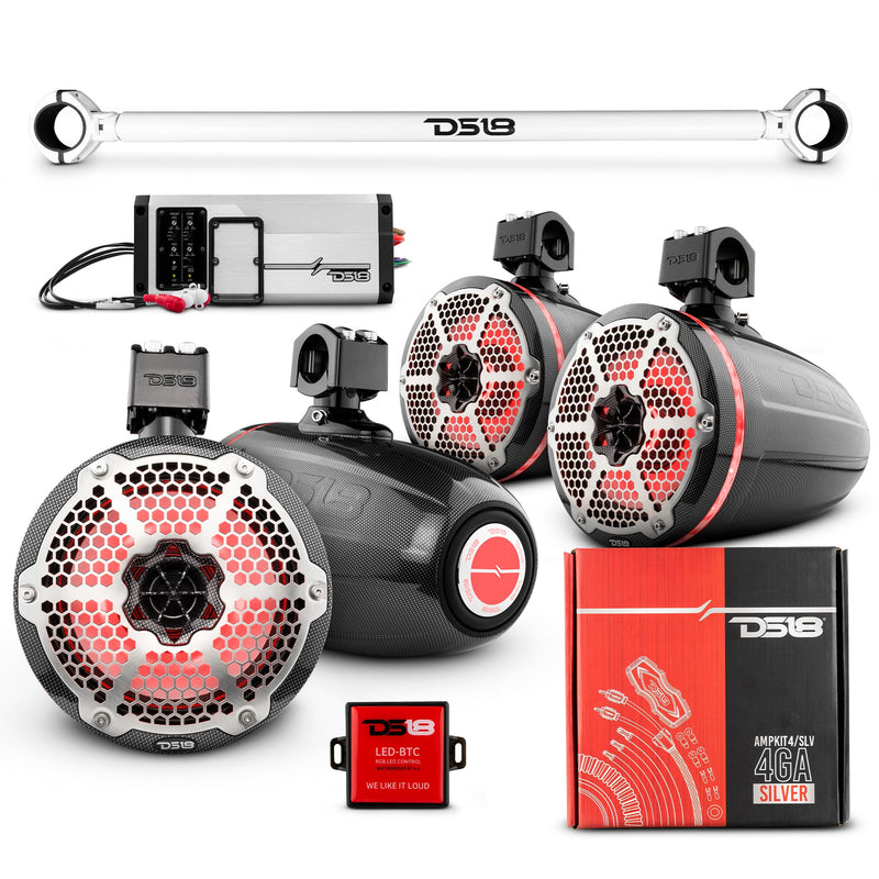 Load image into Gallery viewer, JK-TUBE 4x 8&quot; Marine Towers Speakers with RGB LED Lights, 4-Channel Marine Amplifier and AMPKIT for Jeep JK/JKU
