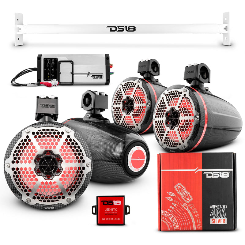 Load image into Gallery viewer, JL-TUBE 4x 8&quot; Marine Towers Speakers with RGB LED Lights, 4-Channel Marine Amplifier and AMPKIT for Jeep JL
