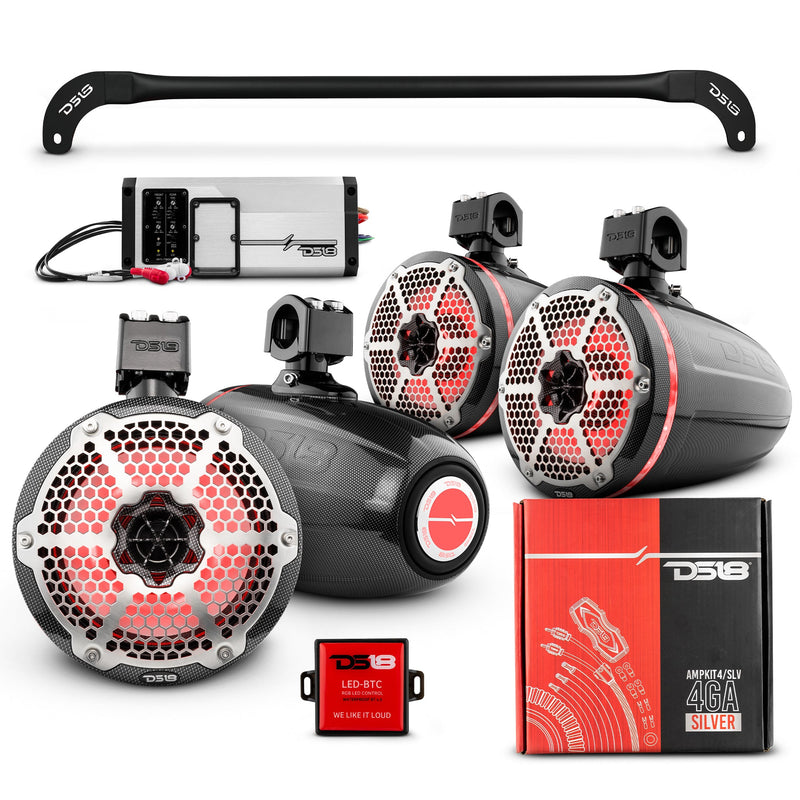 Load image into Gallery viewer, JL-TUBESOFT 4x 8&quot; Marine Towers Speakers with RGB LED Lights, 4-Channel Marine Amplifier and AMPKIT for JLU Soft Top
