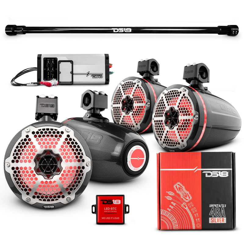 Load image into Gallery viewer, PU-TUBE 4x 8&quot; Marine Towers Speakers with RGB LED Lights, 4-Channel Marine Amplifier and AMPKIT for Pick Up &amp; Trucks
