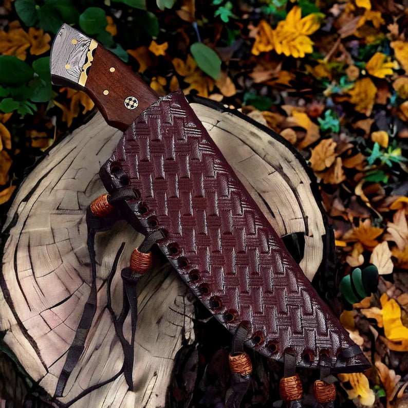 Load image into Gallery viewer, Small Bushcraft Knife – 9&quot; Damascus Steel Blade with Rosewood Handle &amp; Leather Sheath
