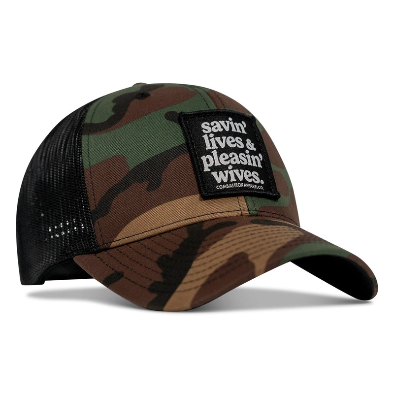 Load image into Gallery viewer, Savin&#39; Lives &amp; Pleasin&#39; Wives Patch SnapBack Hat
