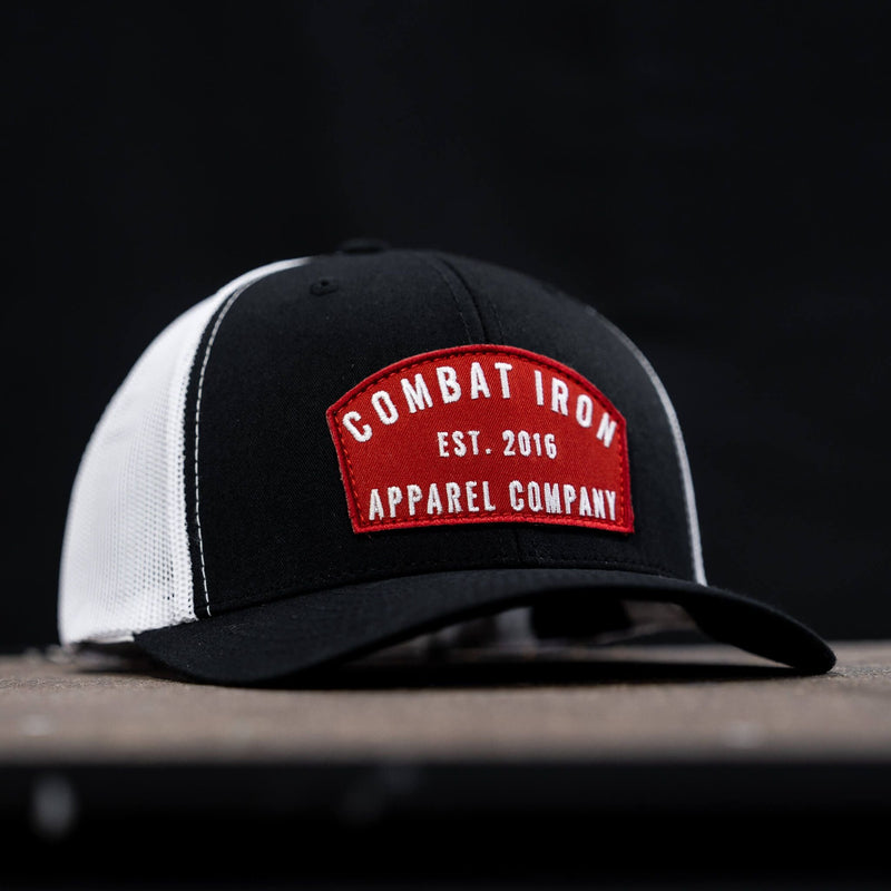Load image into Gallery viewer, Arched Red Patch Mid-Profile Mesh Snapback Hat

