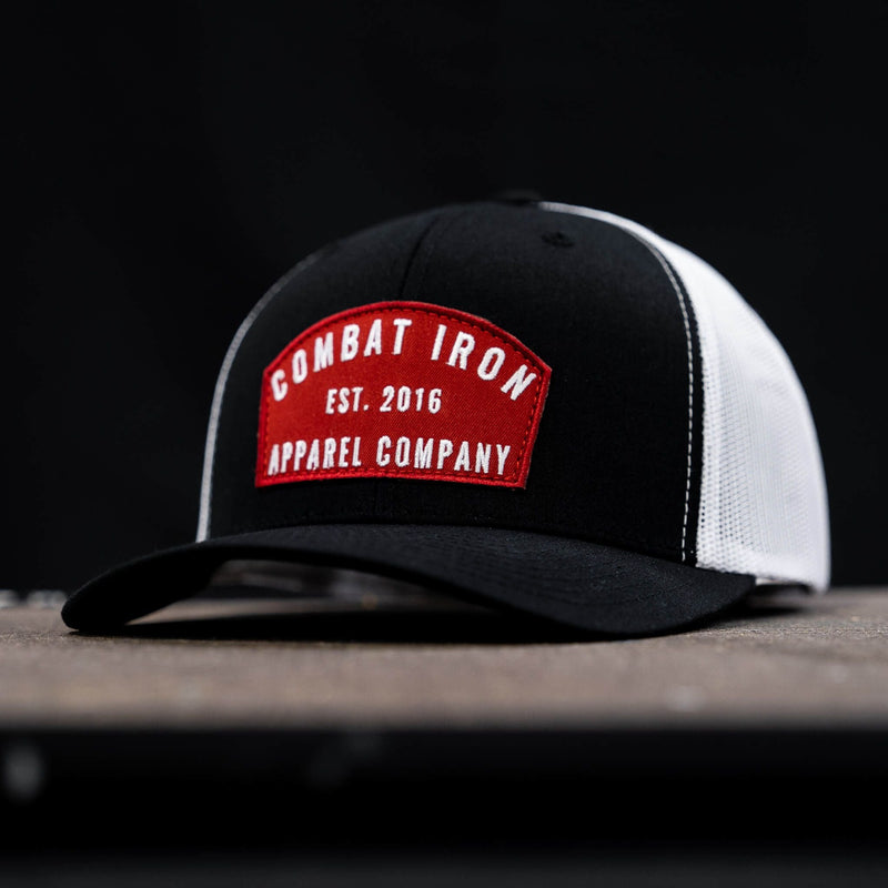 Load image into Gallery viewer, Arched Red Patch Mid-Profile Mesh Snapback Hat
