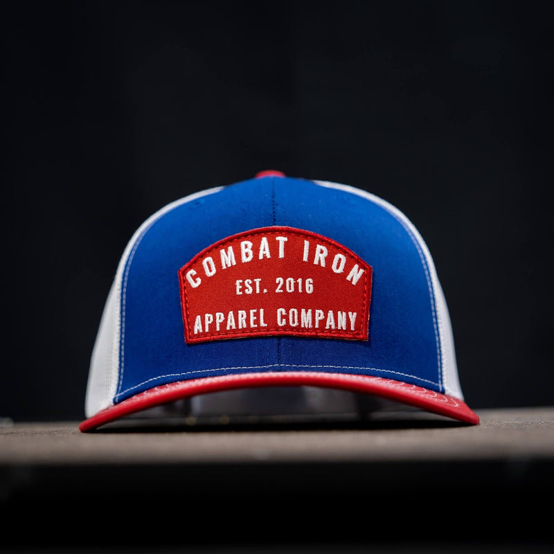 Load image into Gallery viewer, Arched Red Patch Mid-Profile Mesh Snapback Hat
