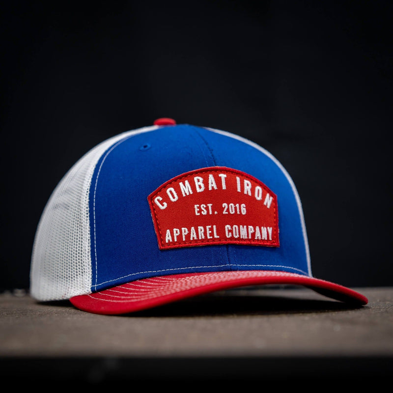 Load image into Gallery viewer, Arched Red Patch Mid-Profile Mesh Snapback Hat
