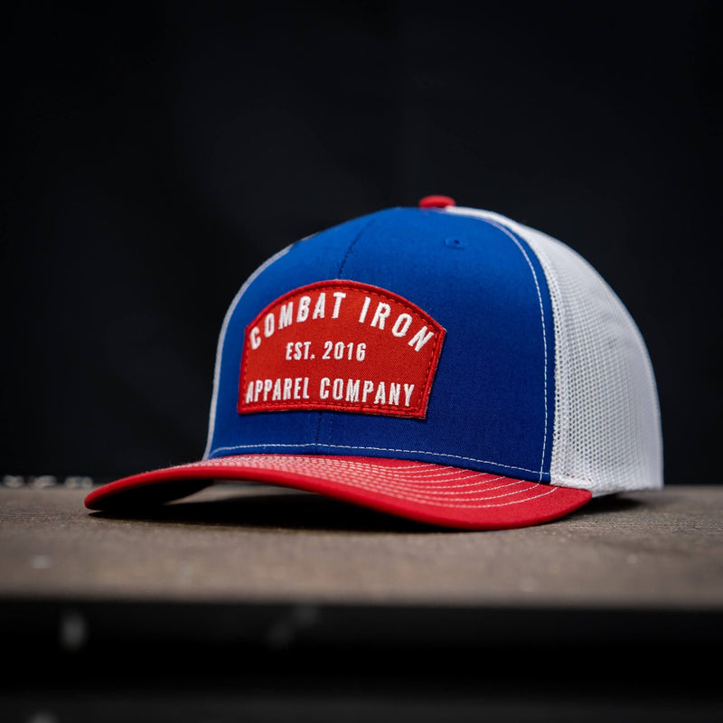 Load image into Gallery viewer, Arched Red Patch Mid-Profile Mesh Snapback Hat
