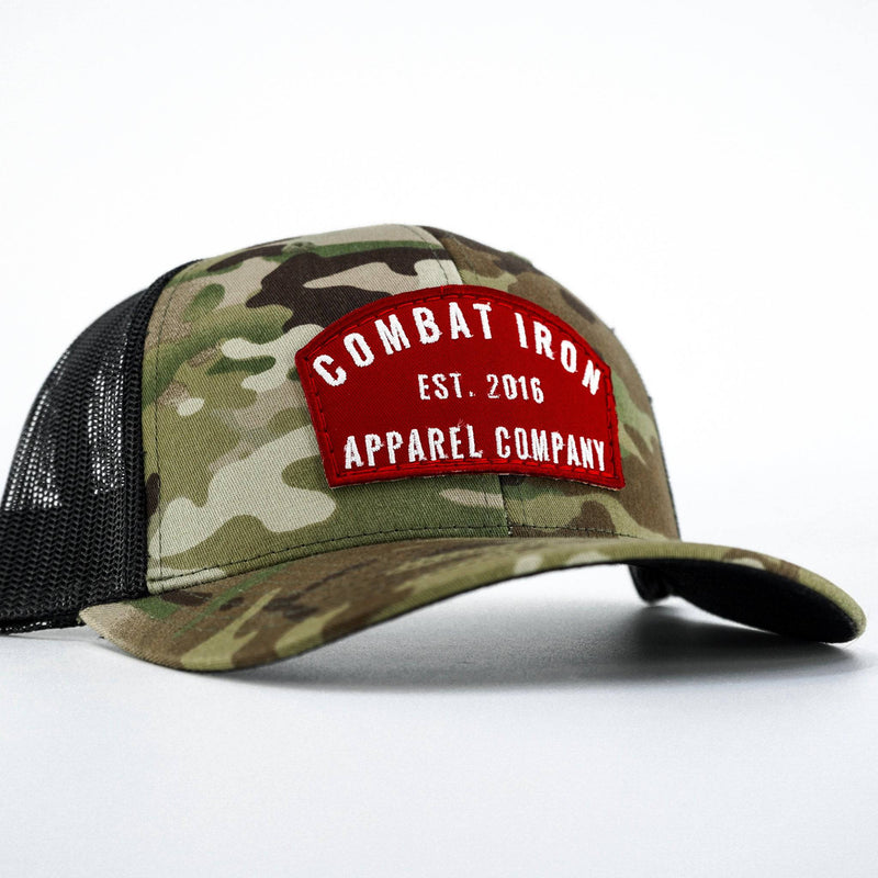 Load image into Gallery viewer, Arched Red Patch Mid-Profile Mesh Snapback Hat
