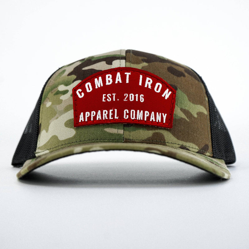 Load image into Gallery viewer, Arched Red Patch Mid-Profile Mesh Snapback Hat
