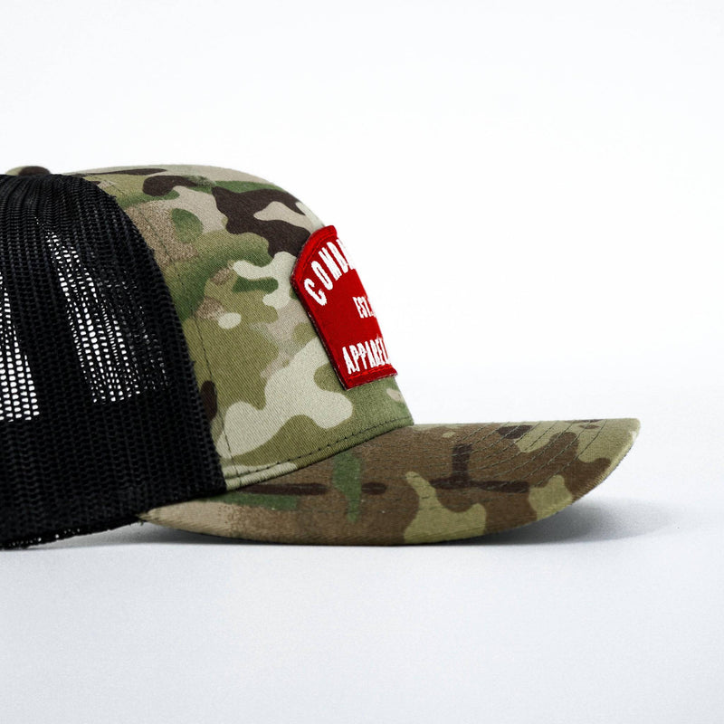 Load image into Gallery viewer, Arched Red Patch Mid-Profile Mesh Snapback Hat
