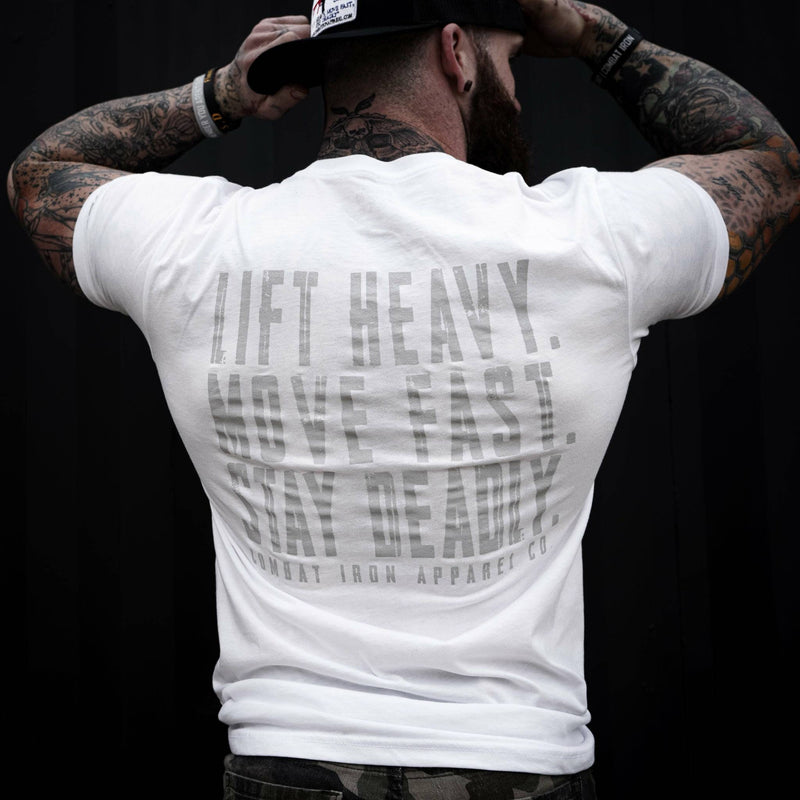 Load image into Gallery viewer, Original Motto: Lift Heavy. Move Fast. Stay Deadly. Men&#39;s T-Shirt
