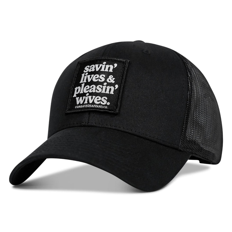 Load image into Gallery viewer, Savin&#39; Lives &amp; Pleasin&#39; Wives Patch SnapBack Hat
