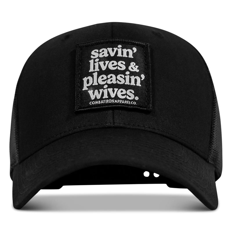 Load image into Gallery viewer, Savin&#39; Lives &amp; Pleasin&#39; Wives Patch SnapBack Hat
