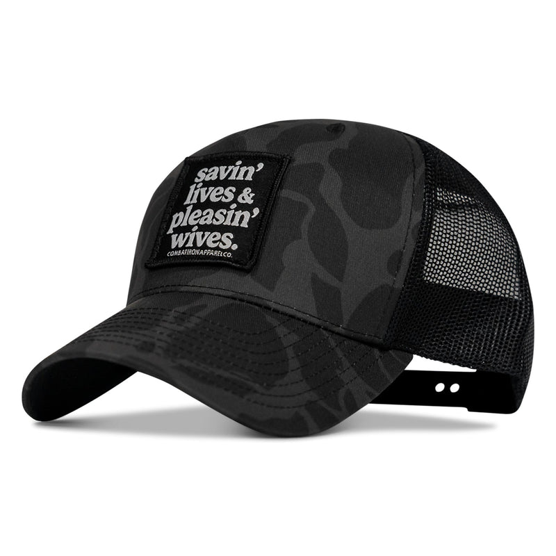 Load image into Gallery viewer, Savin&#39; Lives &amp; Pleasin&#39; Wives Patch SnapBack Hat
