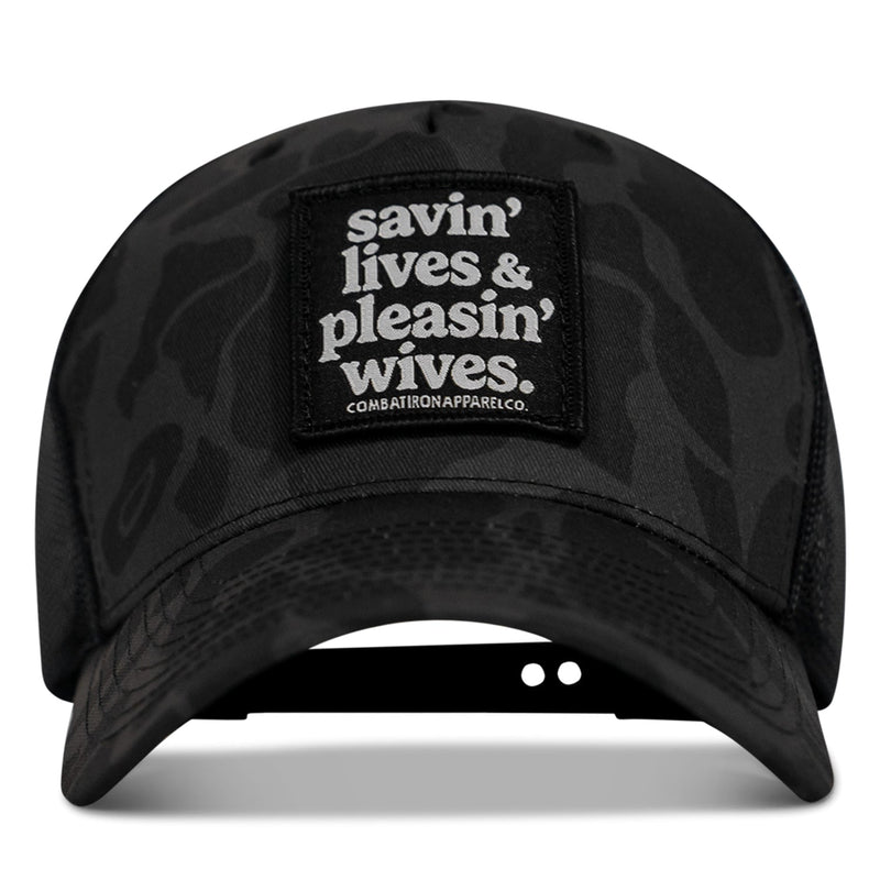 Load image into Gallery viewer, Savin' Lives &amp; Pleasin' Wives Patch SnapBack Hat
