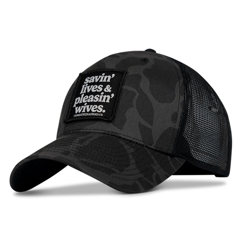 Load image into Gallery viewer, Savin&#39; Lives &amp; Pleasin&#39; Wives Patch SnapBack Hat
