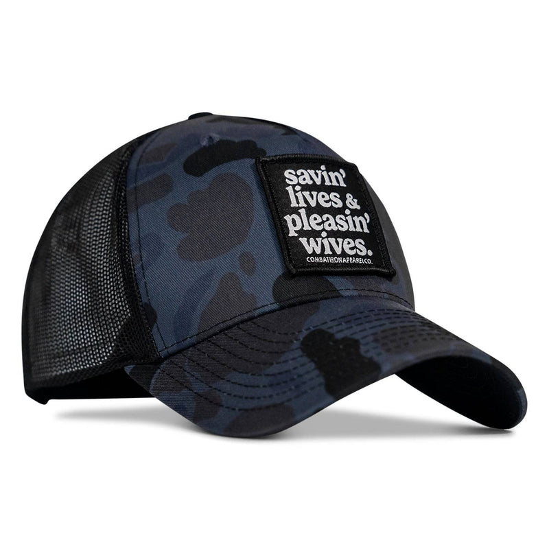 Load image into Gallery viewer, Savin&#39; Lives &amp; Pleasin&#39; Wives Patch SnapBack Hat
