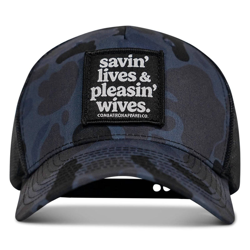 Load image into Gallery viewer, Savin' Lives &amp; Pleasin' Wives Patch SnapBack Hat
