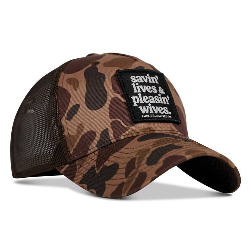 Load image into Gallery viewer, Savin' Lives &amp; Pleasin' Wives Patch SnapBack Hat
