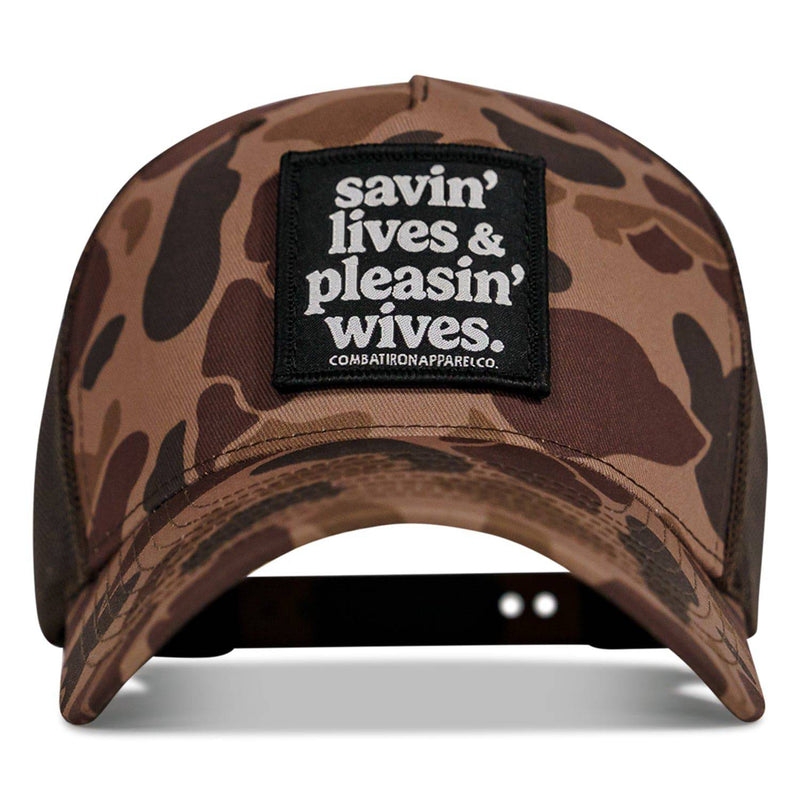 Load image into Gallery viewer, Savin' Lives &amp; Pleasin' Wives Patch SnapBack Hat
