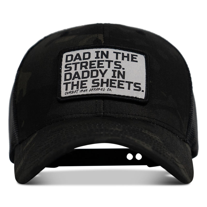 Load image into Gallery viewer, Dad In The Streets. Daddy In The Sheets. White Patch Snapback Hat
