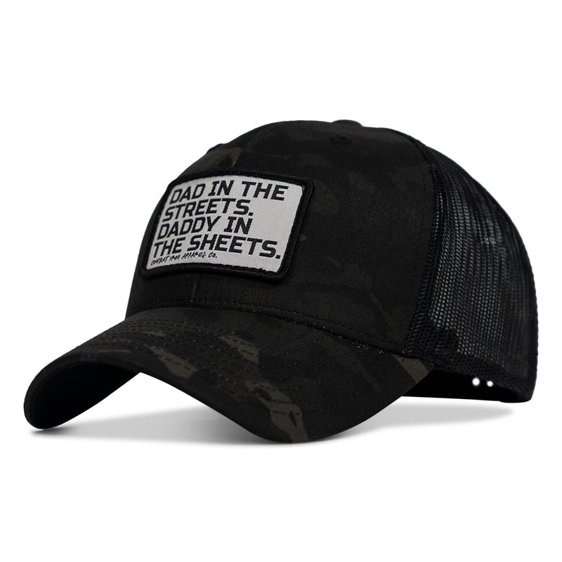 Load image into Gallery viewer, Dad In The Streets. Daddy In The Sheets. White Patch Snapback Hat
