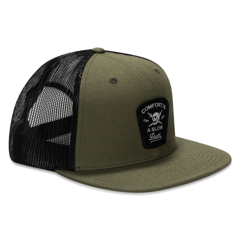 Load image into Gallery viewer, Comfort Is A Slow Death Patch Flatbill Snapback Hat
