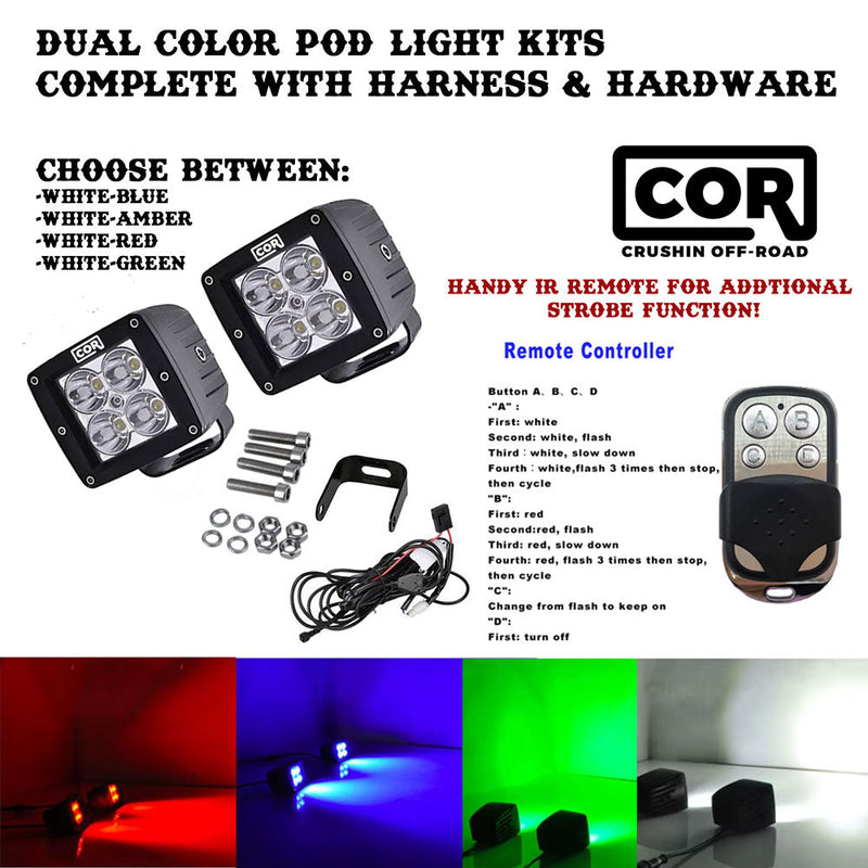 Load image into Gallery viewer, 2&quot; Amber-White Dual Color Square Pod LED Spot-Strobing Kit, with Remote

