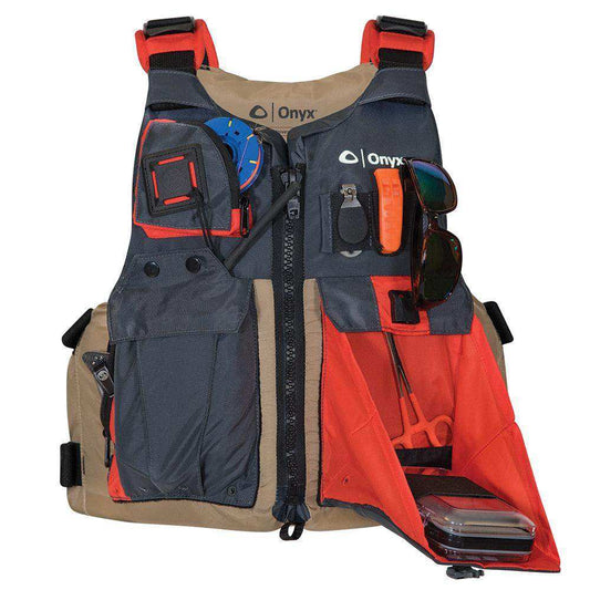 Onyx Kayak Fishing Vest - Adult Universal - Tan/Grey - Skoutley Outdoors LLC