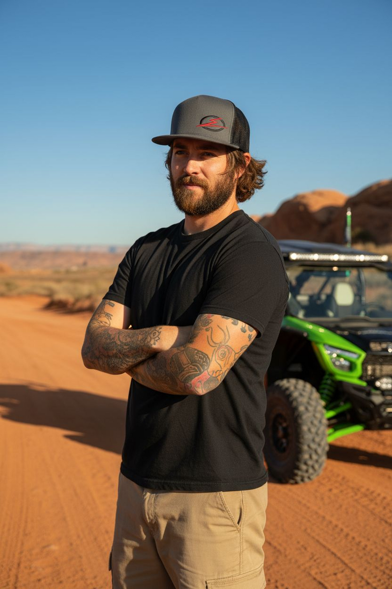 Load image into Gallery viewer, Classics 2-Tone Trucker Hat Charcoal/Black, Black/Red Elektric Logo
