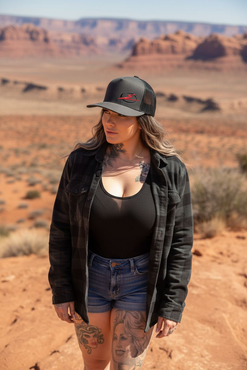 Load image into Gallery viewer, Classics 2-Tone Trucker Hat Charcoal/Black, Black/Red Elektric Logo
