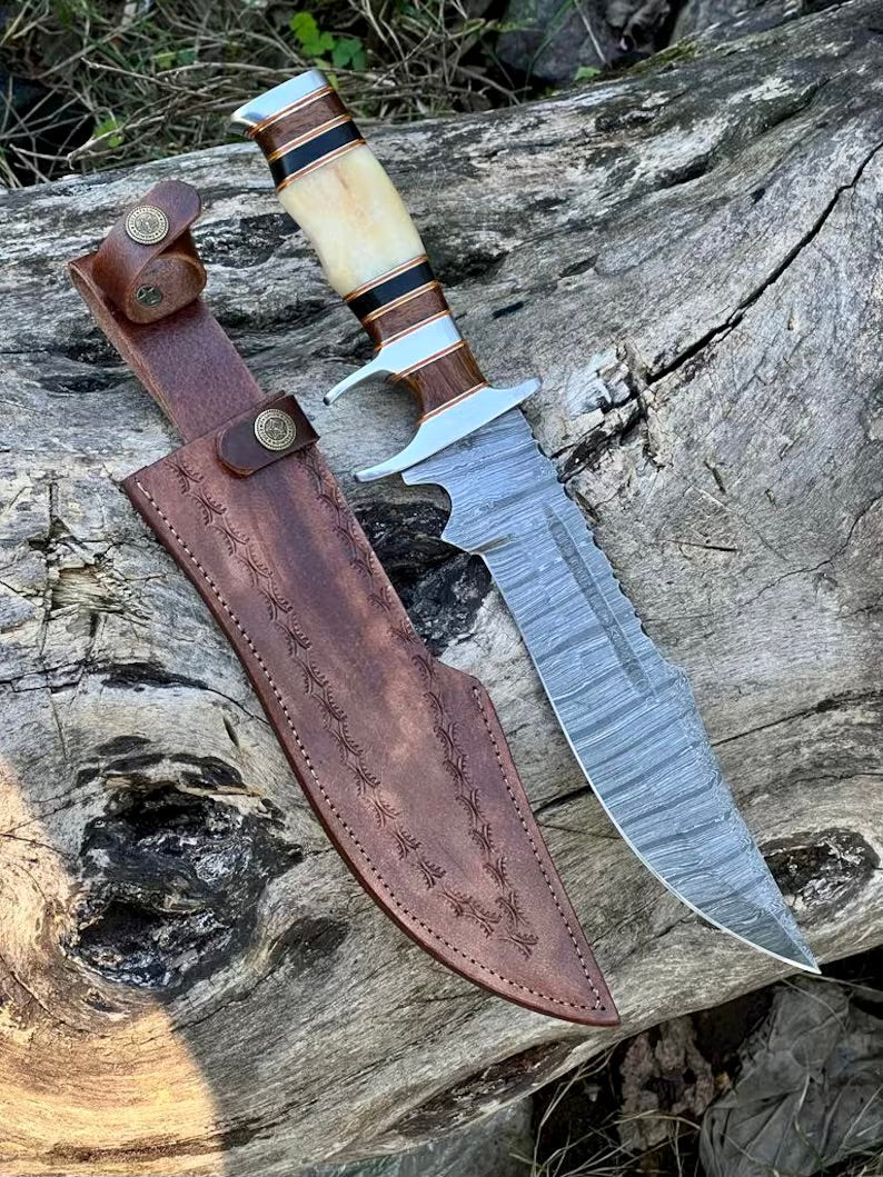 Load image into Gallery viewer, Damascus Steel Sub-Hilt Fighter Bowie Knife 14” – Premium Christmas Gift with Leather Sheath
