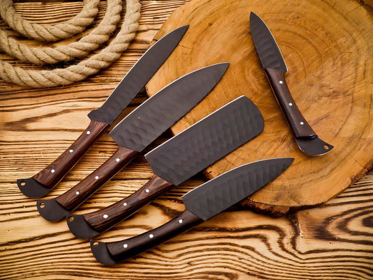5 Pcs Kitchen Knife Sets – Forged Stainless Steel with Rosewood Handles & Leather Sheath