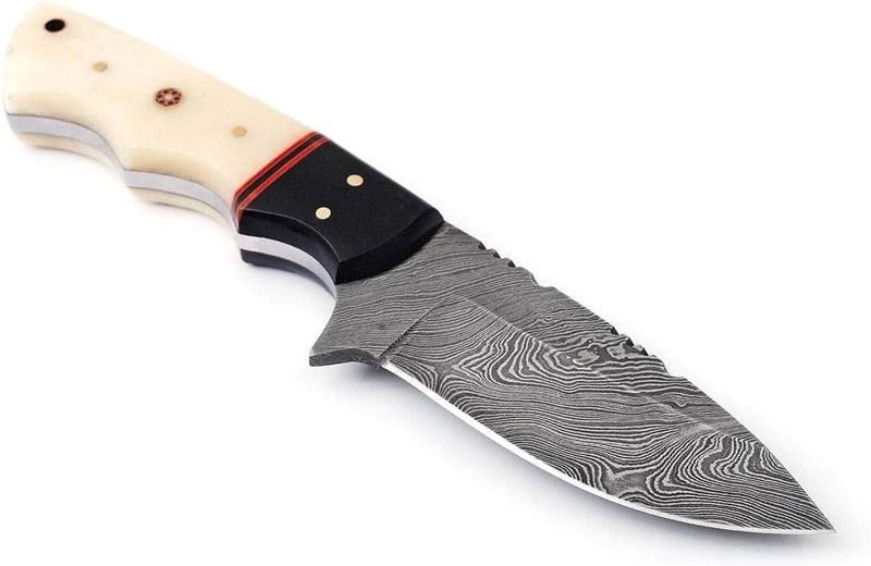 Load image into Gallery viewer, Custom Handmade 4.5&quot; Damascus Steel Skinning Knife – Buffalo Horn and Camel Bone Handle

