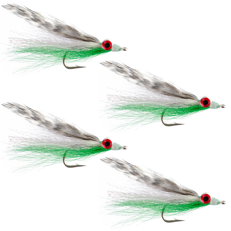 Load image into Gallery viewer, Clousers Deep Minnow Grizzly Green Streamer- 4 Saltwater Flies - Size 1/0
