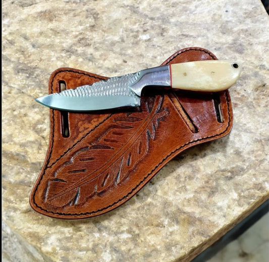 Crass Draw Ranch Cowboy Knife – Camel Bone Handle & Leather Sheath