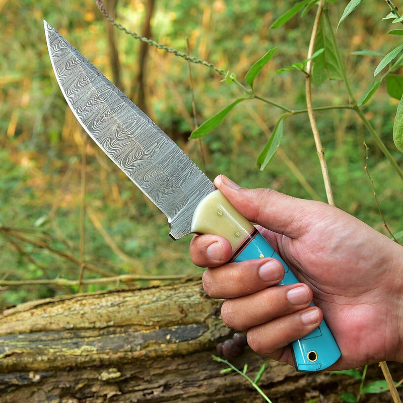 Load image into Gallery viewer, Custom Handmade Damascus Steel Hunting Knife – 10-Inch Blade with Resin Handle, Includes Leather Sheath
