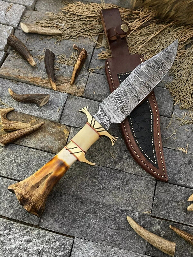 Load image into Gallery viewer, Custom Handmade Damascus Steel Bowie Knife – 13-Inch Blade with Bone and Brass Guard Handle, Includes Leather Sheath
