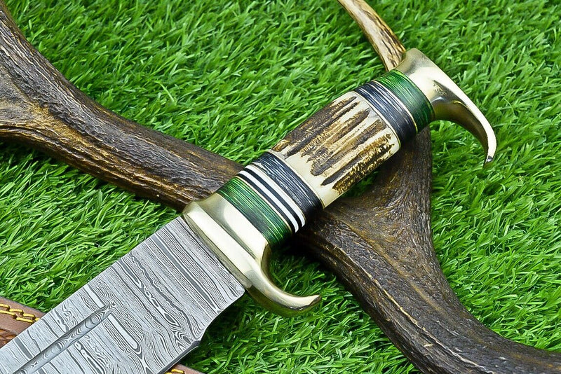 Load image into Gallery viewer, Custom Handmade Damascus Steel Bowie Knife with Stag Horn Handle – 16" Blade with Leather Sheath
