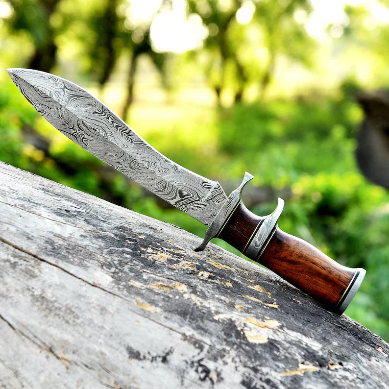 Load image into Gallery viewer, Custom Handmade 13&quot; Damascus Steel Civil War Bowie Knife with Rosewood Handle and Leather Sheath
